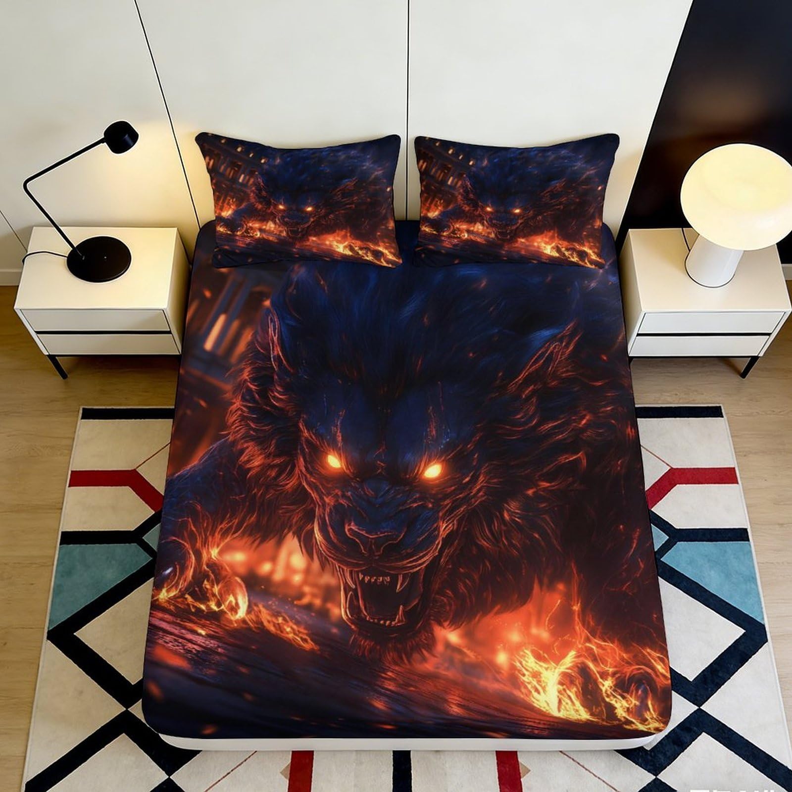 3D Printed Fiery Lion Fitted Sheet Microfiber Wild Beast Bed Cover for Bedroom Dorm Guestroom Protection Decor 90x200x25cm
