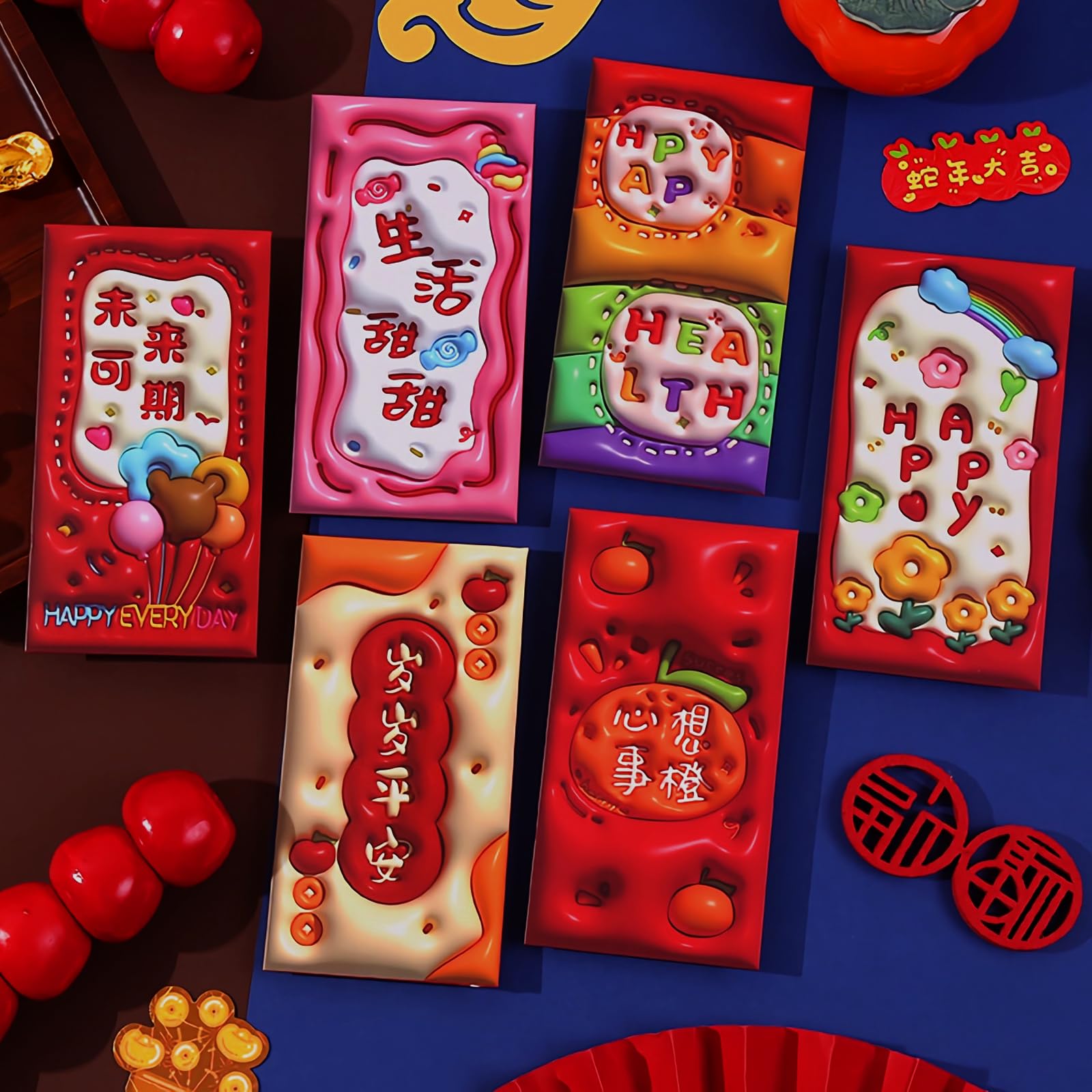 BAIWOVIS Red Envelopes for Chinese New Year 2026-6Pcs Lucky Money Envelope Hongbao of Cute 3D Patterns with Wishes for Chinese to Celebrate Spring