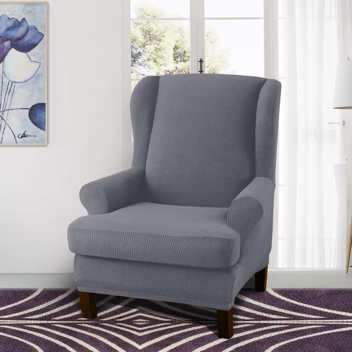 Granbest Premium Water Repellent Wingback Chair Cover 2-Piece High Stretch Jacquard Fabric Wing Back Chair Slipcovers (Wing Chair Cover, Light Gray)