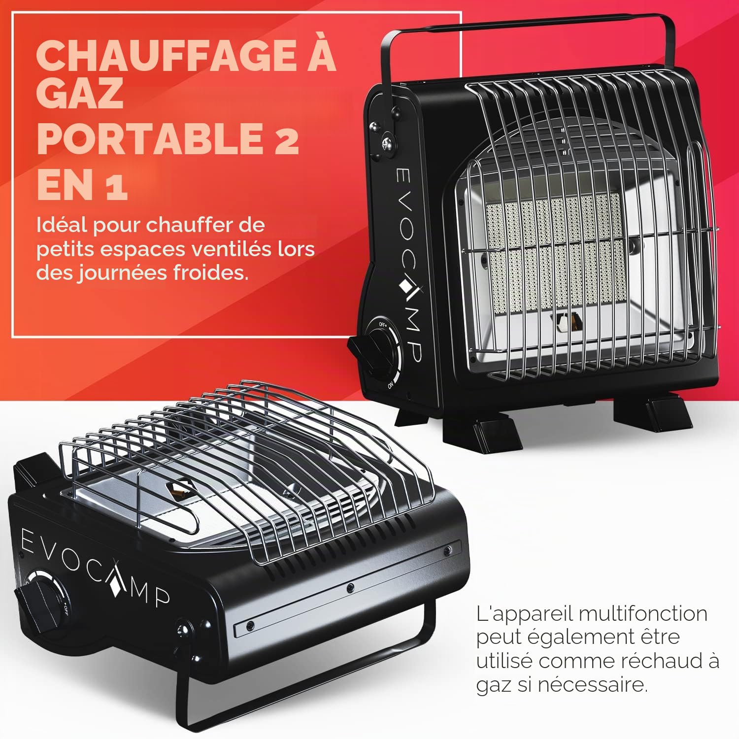 mini Chauffage au gaz portable 1,3 KW pour l'extérieur, mobile chauffage de tente, chauffage de camping sans cartouches de gaz, Noir