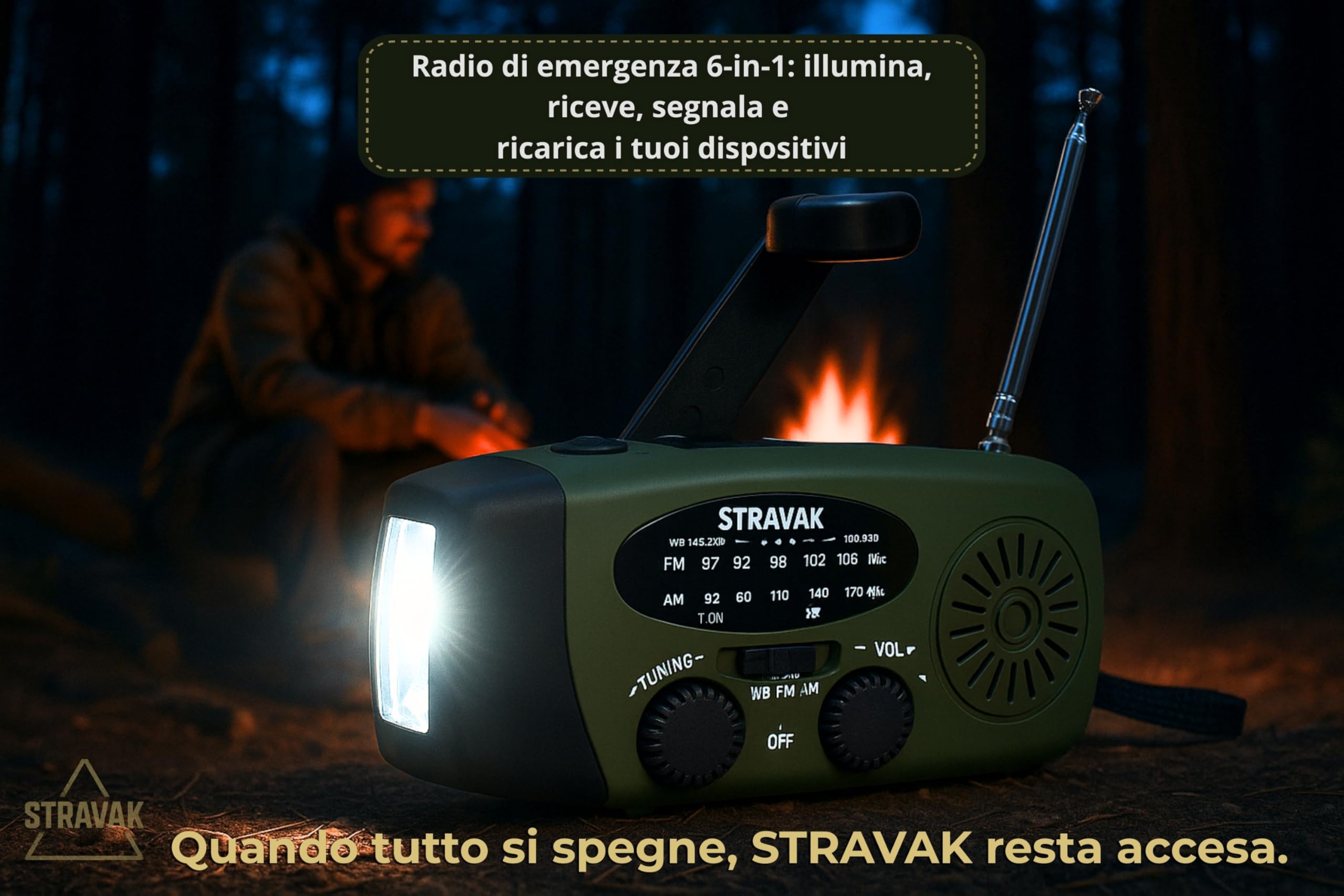 Radio di emergenza solare a manovella con torcia LED, power bank USB-C 2000 mAh e sirena SOS