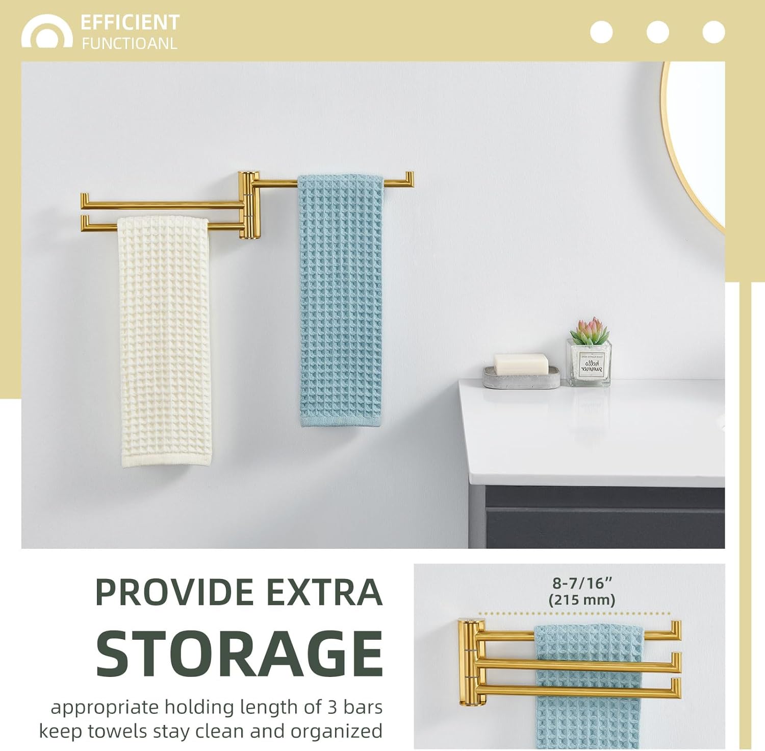 Angle Simple Swivel Hand Towel Rack, SUS 304 Stainless Steel Foldable 3 Towel Holder Bars for Bathroom Kitchen, Brushed Dark Gold