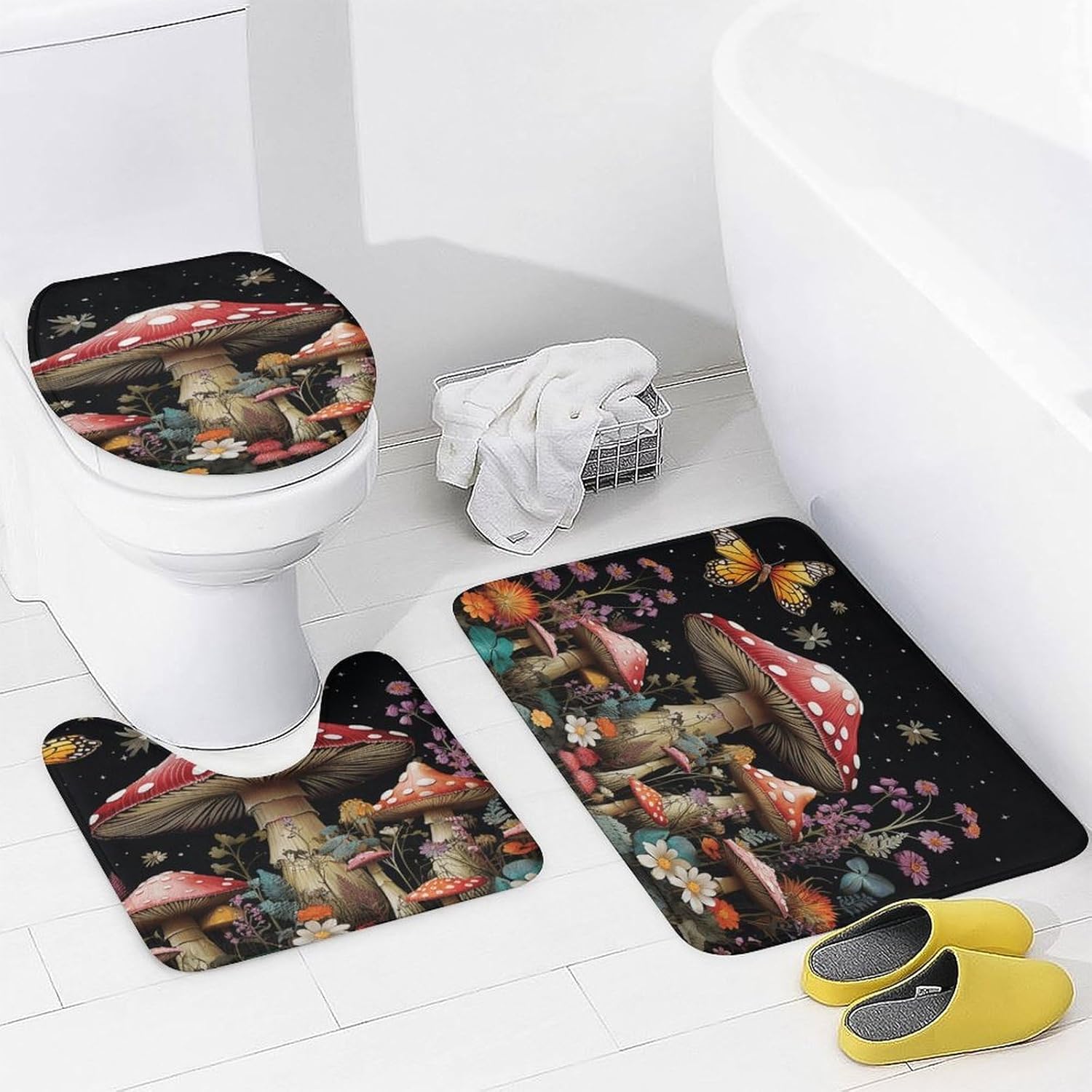 Four Piece Bathroom Set with Toilet Lid Cover and Non-Slip Rugs Minimalist Shower Curtain for Bathroom Set