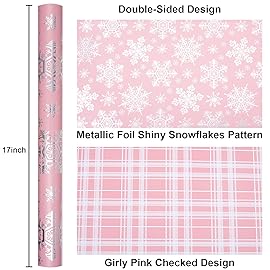 MAYPLUSS Pink Christmas Wrapping Paper, Snowflake Wrapping Paper, Metallic Foil Girly Pastel Snowflake, Plaid Design Christma Gift Wrap for Girl Women Winter Holiday (Mini Roll, 17 Inch X 16.5 Feet)