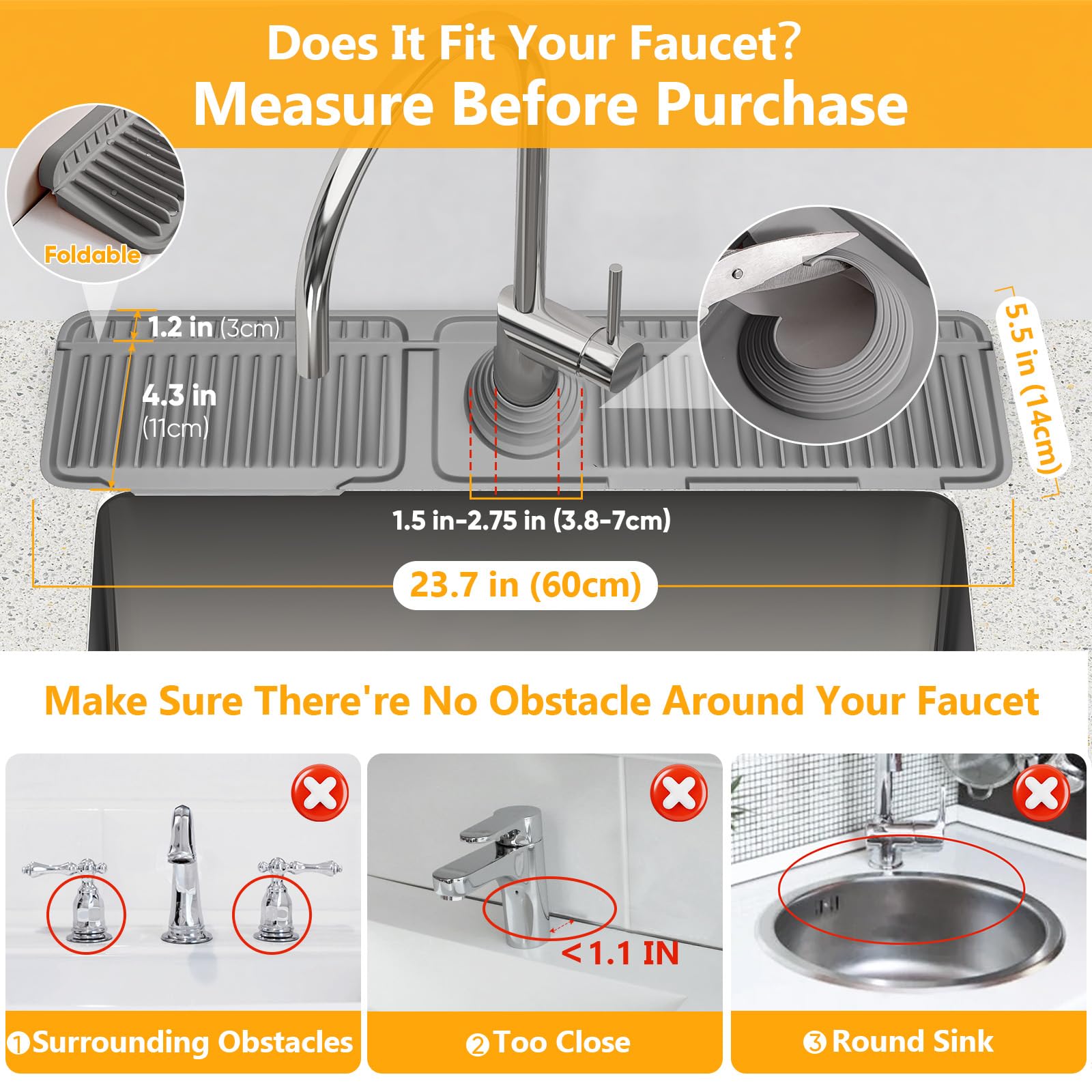 24 Longer Faucet Mat for Kitchen Sink Splash Guard 7 Slope Fast Self-draining Snap Lock Fit Kitchen Sink — view 2