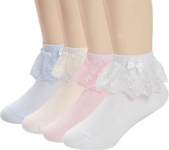 4/6 Pack Baby Toddler Girls Ruffle Socks White Lace Ruffle Frilly Eyelet Cotton Ankle Dress Socks for Little Kids