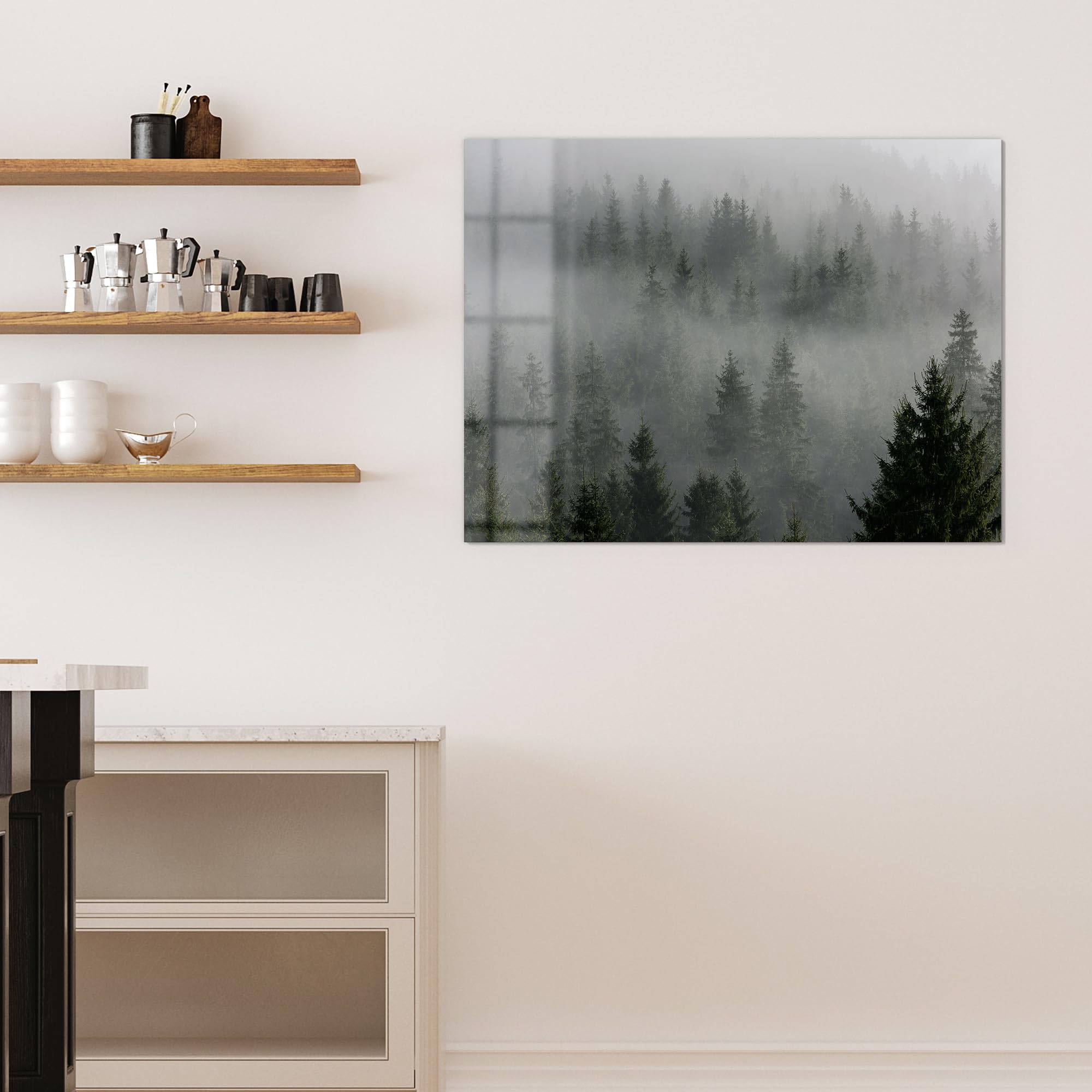 DEQORI Szklana tablica magnetyczna | wymiary 120 x 90 cm | motyw "Mistyka lasu mgłowego" | tablica memo ze szkła | tablica magnetyczna z magnesami, długopisem i ściereczką do kuchni i biura | tablica
