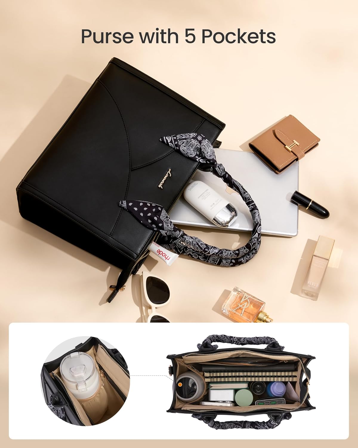 LOVEVOOK Medium Purses and Handbags for Women, Satchel Top Handle Bag with Strap, PU Leather Tote Shoulder Purse with Scarf - Image 4