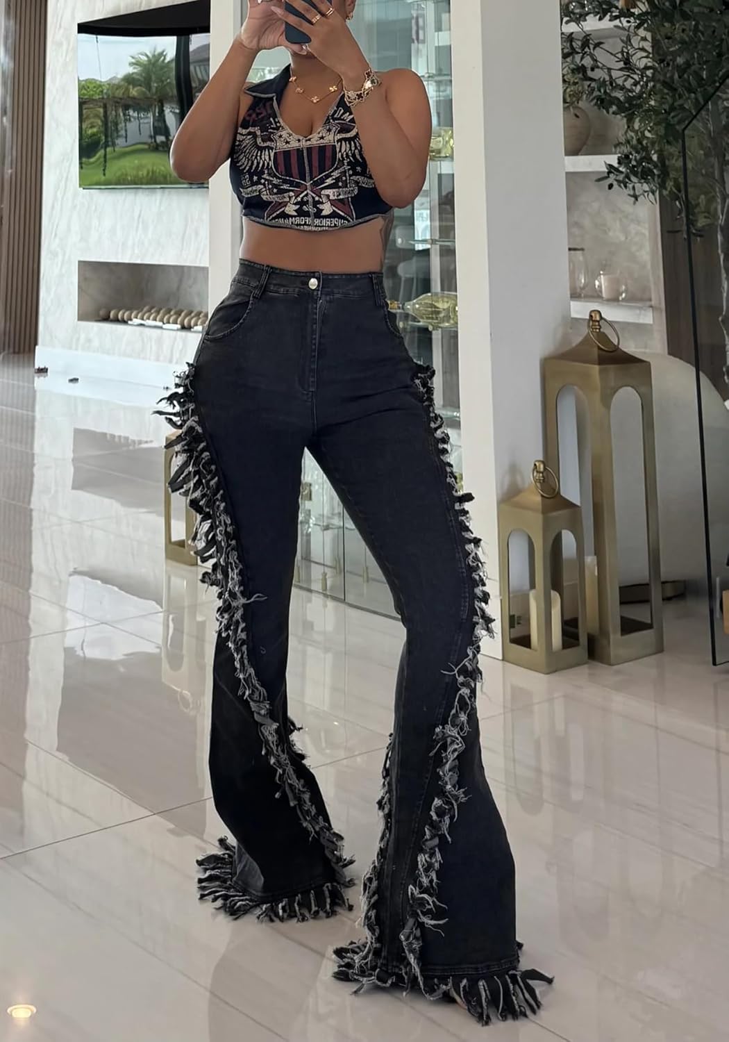 Tbahhir Women Flare Jeans wtih Distressed Fringes High Waisted Patchwork Denim Pants Frayed Bell Bottom Skinny Stretch - Image 2