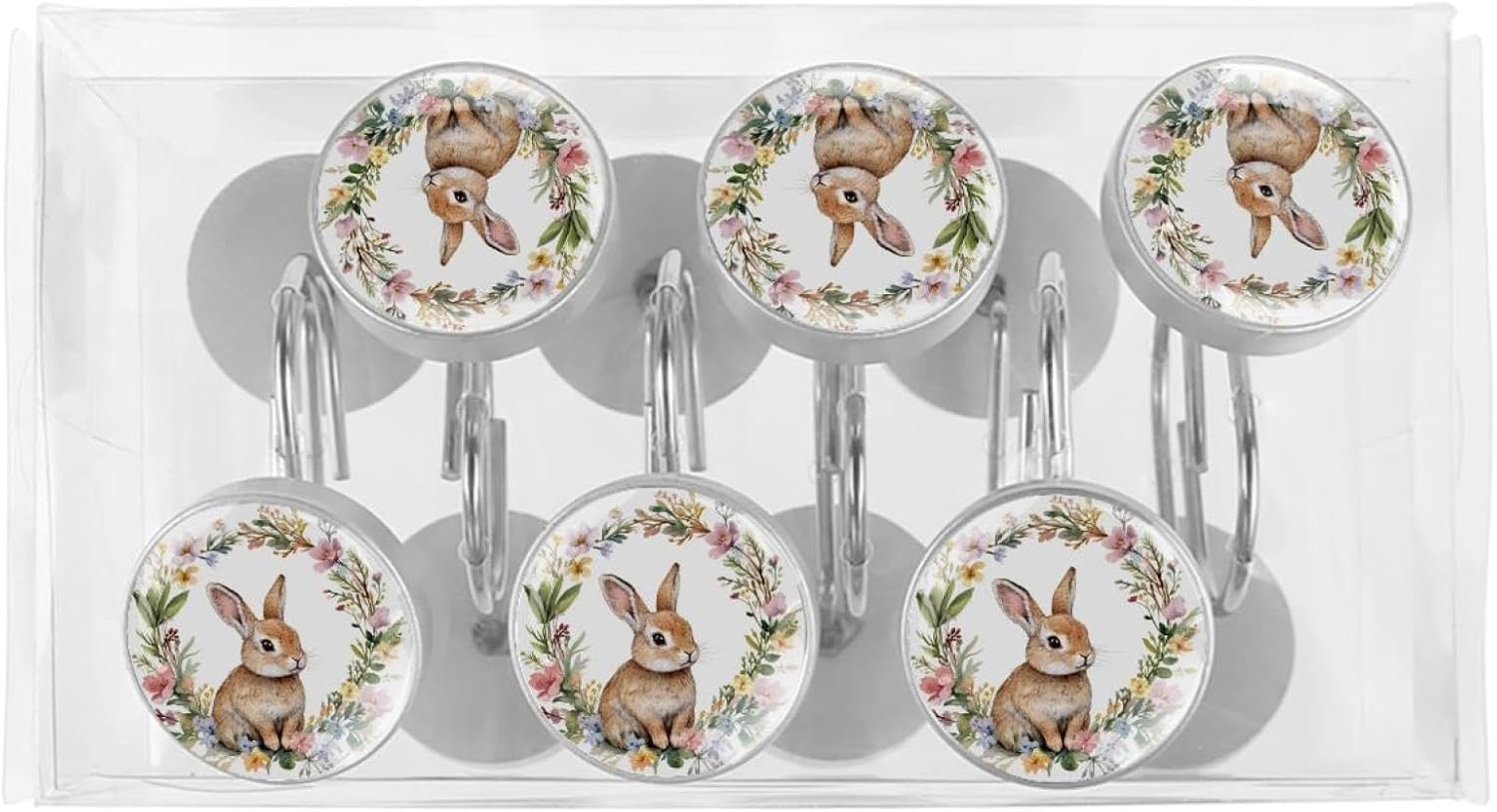 12PCS Brown Rabbit in Floral Wreath (2) Shower Curtain Hooks Metal Rust Resistant Decorative Shower Curtain Hooks Bathroom Decorations