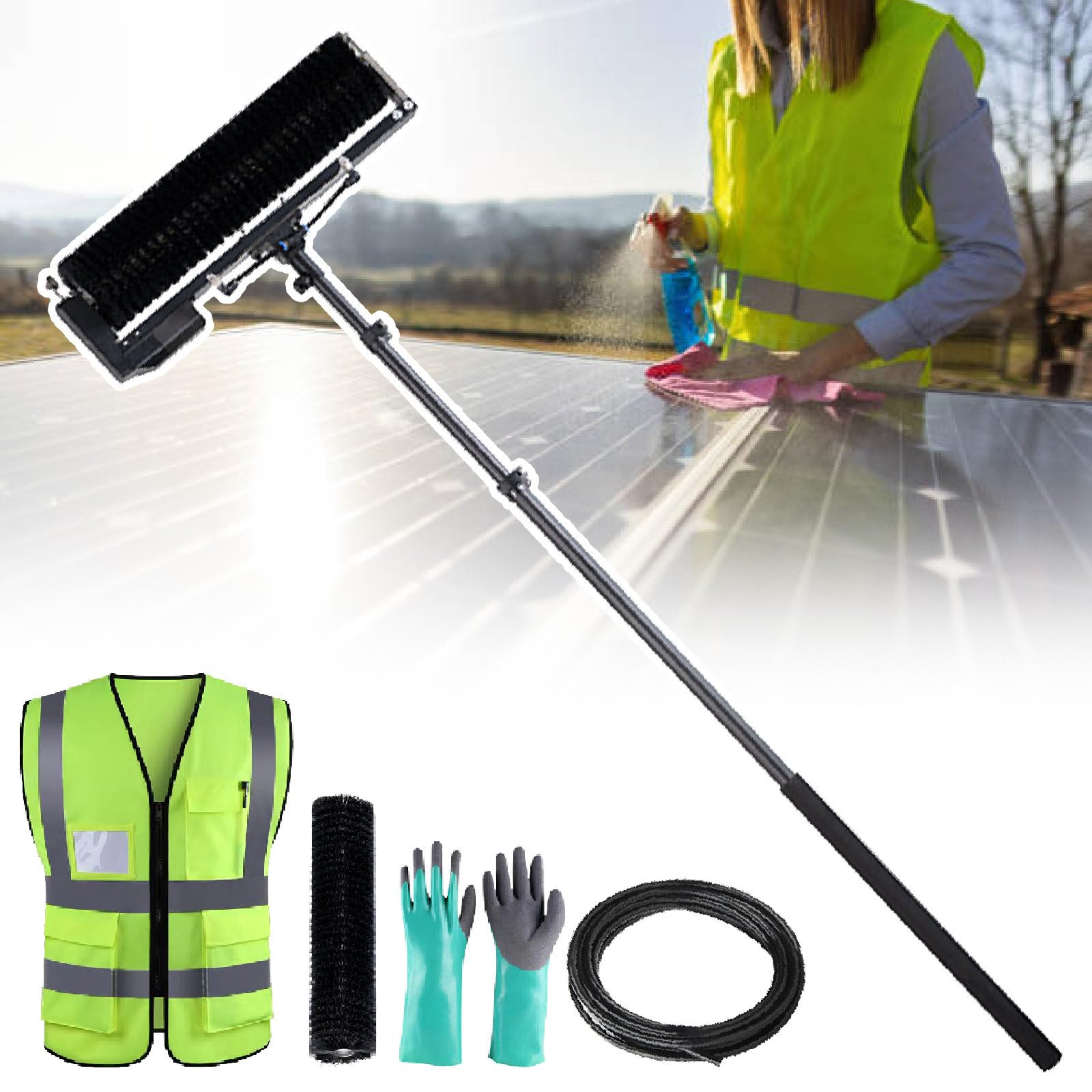 Elektryczny zestaw szczotek do czyszczenia paneli słonecznych – 60 cm obrotowa szczotka, drążek podawany wodą, kamizelka odblaskowa, zapasowa głowica szczotki, wąż 10 m, paski błotne i odchody ptaków