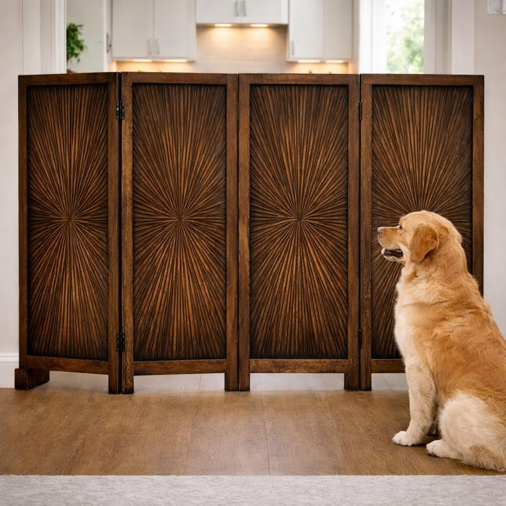Pet Gate Indoor Foldable in Raise Wood-4 Panel Dog Safety Gate, 56" W x 28" H, Hand-Carved Solid Wood & MDF,Free Standing Portable Indoor Gate for Doorways, Halls, Stairs- Fully Assembled, Burnt