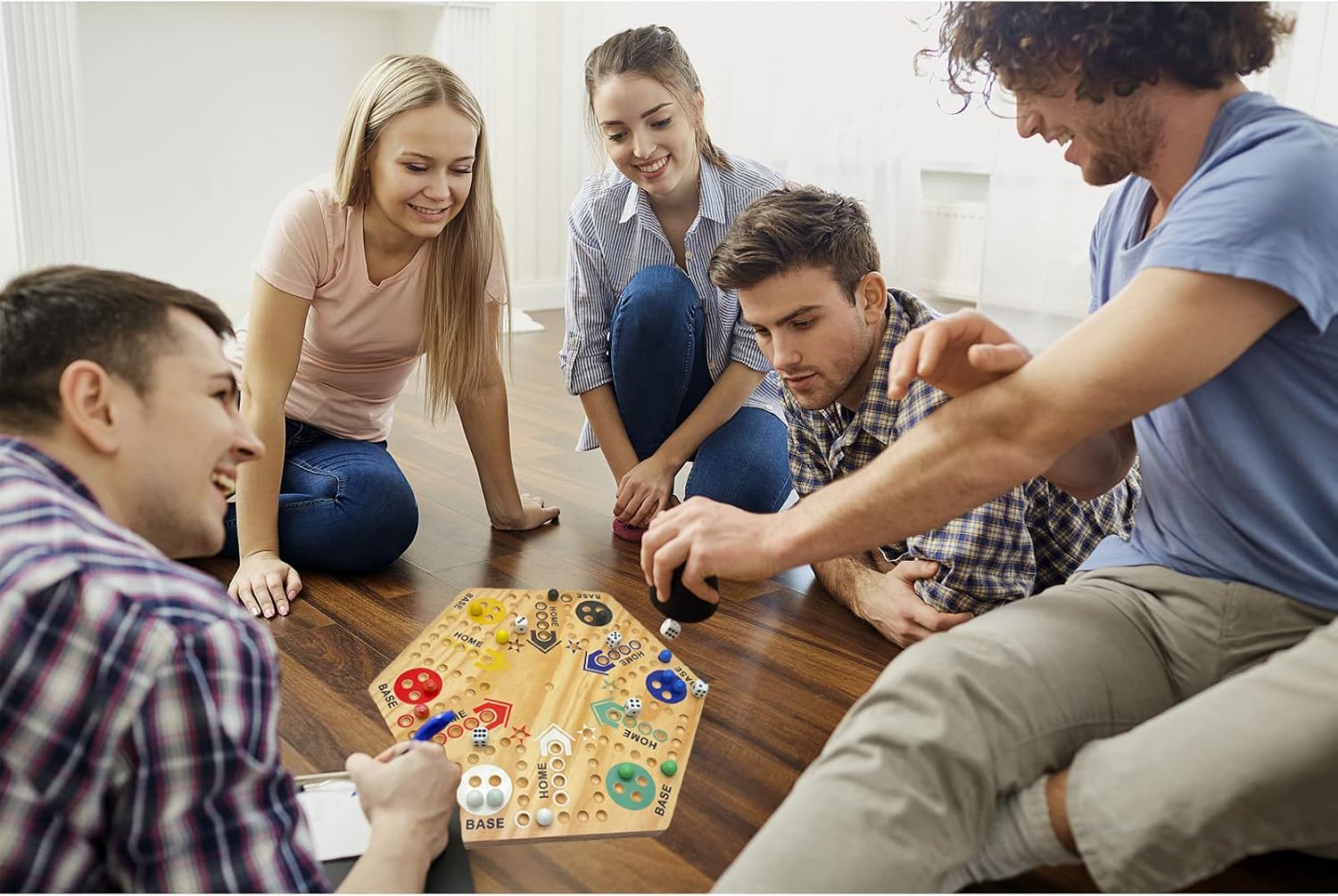 MUCITAGF Original Marble Board Game Wahoo Board Game Double Side Painted 16-Inch Wooden Fast Track Board Game for 6 and 4 Player with 6 Colors 36 Glass Marbles, 8 Dice for Family Game Night, Party