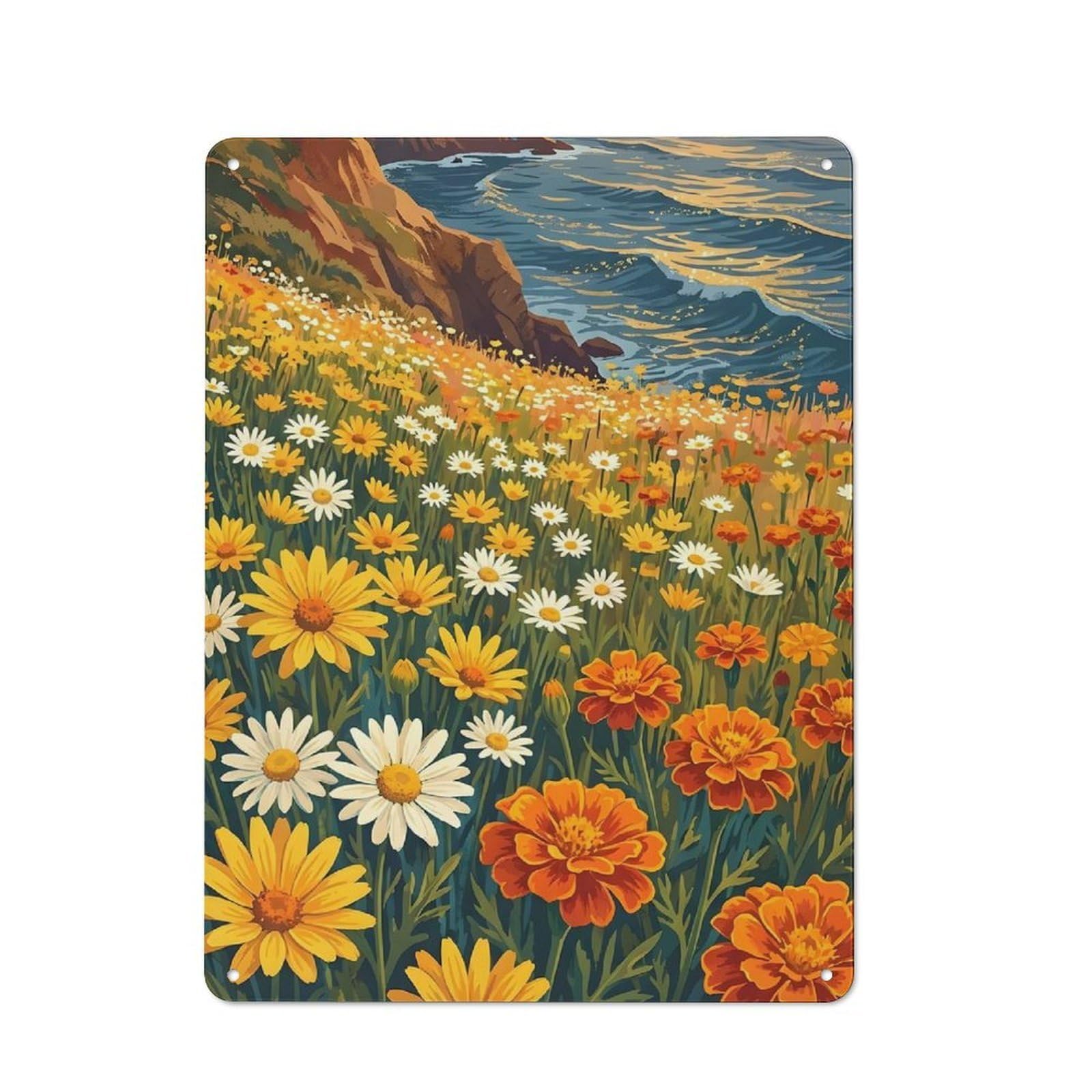 Junmoney Style Tin Wall Plaque 40X30cm With Coastal Wildflower Meadow For Guest Room Or Hallway, For Updating Guest Room And Hallway After Moving