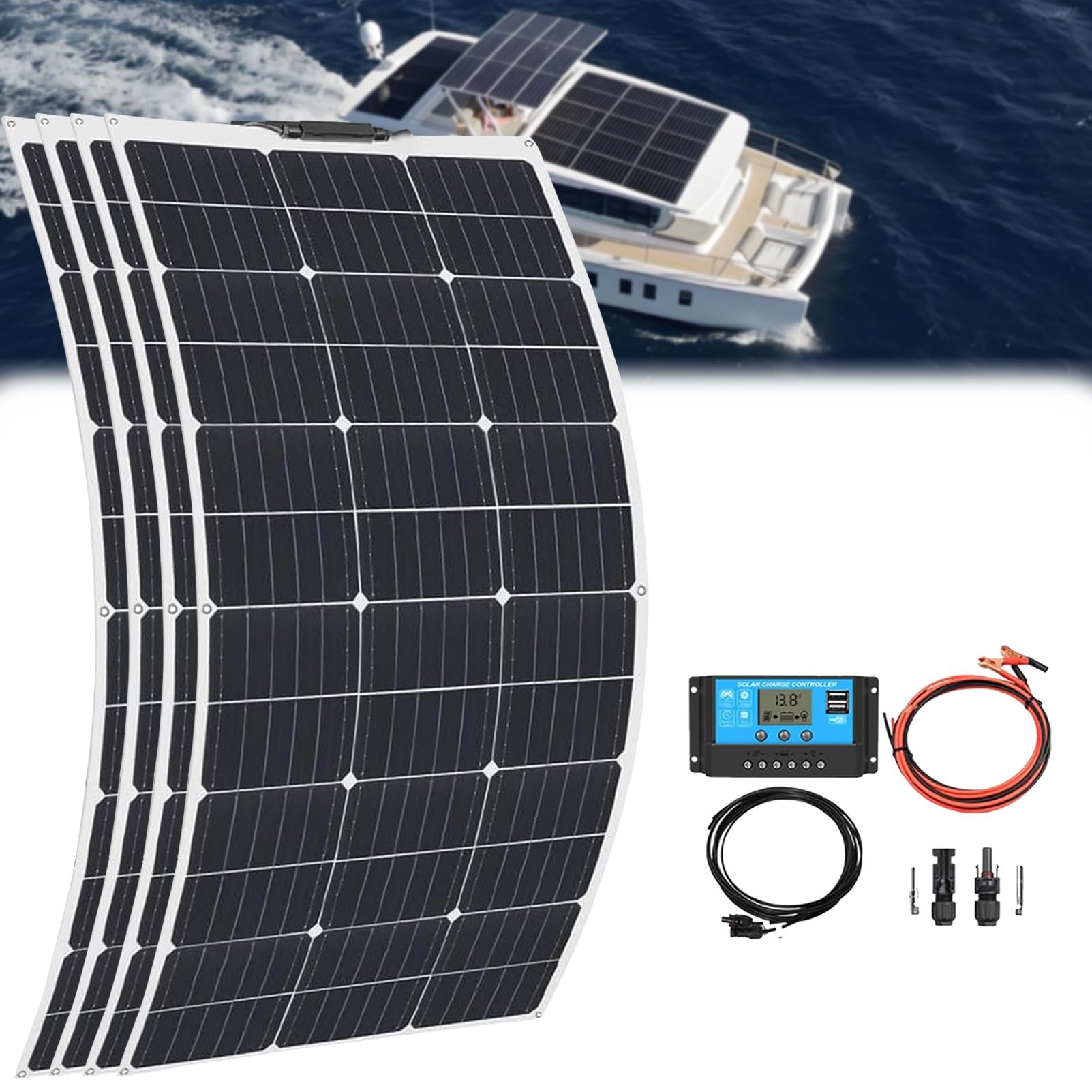 Panneaux PhotovoltaïQues, Kit D'Onduleur Solaire Portable LéGer, avec Clips De Batterie Adaptateur De CâBle Kit, 600w, pour Camping-Car, Camper, Van, Bateaux Et Autres Surfaces InéGales. 4×200w