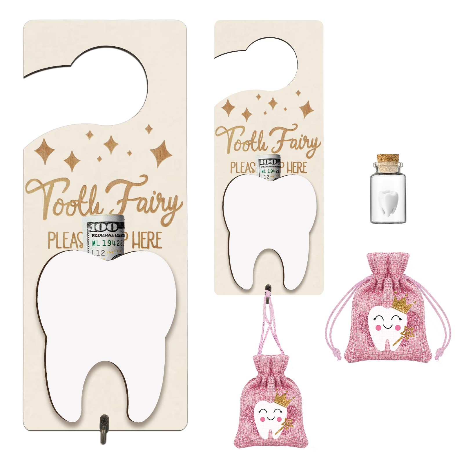 AINBIN Tooth Fairy Tooth Holder, Tooth Fairy Door Hanger with Money Slot, Keepsake Bottle & Burlap Pouch for Lost Teeth, Encourage Gift for Boys Girls