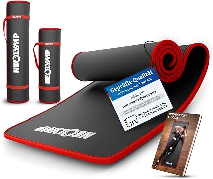 NEOLYMP extra dicke Fitnessmatte rutschfest inkl. Tragegurt & E-Book – Yogamatte, Gymnastikmatte, Sportmatte & Pilates Matte – Trainingsmatte für Zuhause, Studio & Outdoor (Schwarz-Rot 61 cm)