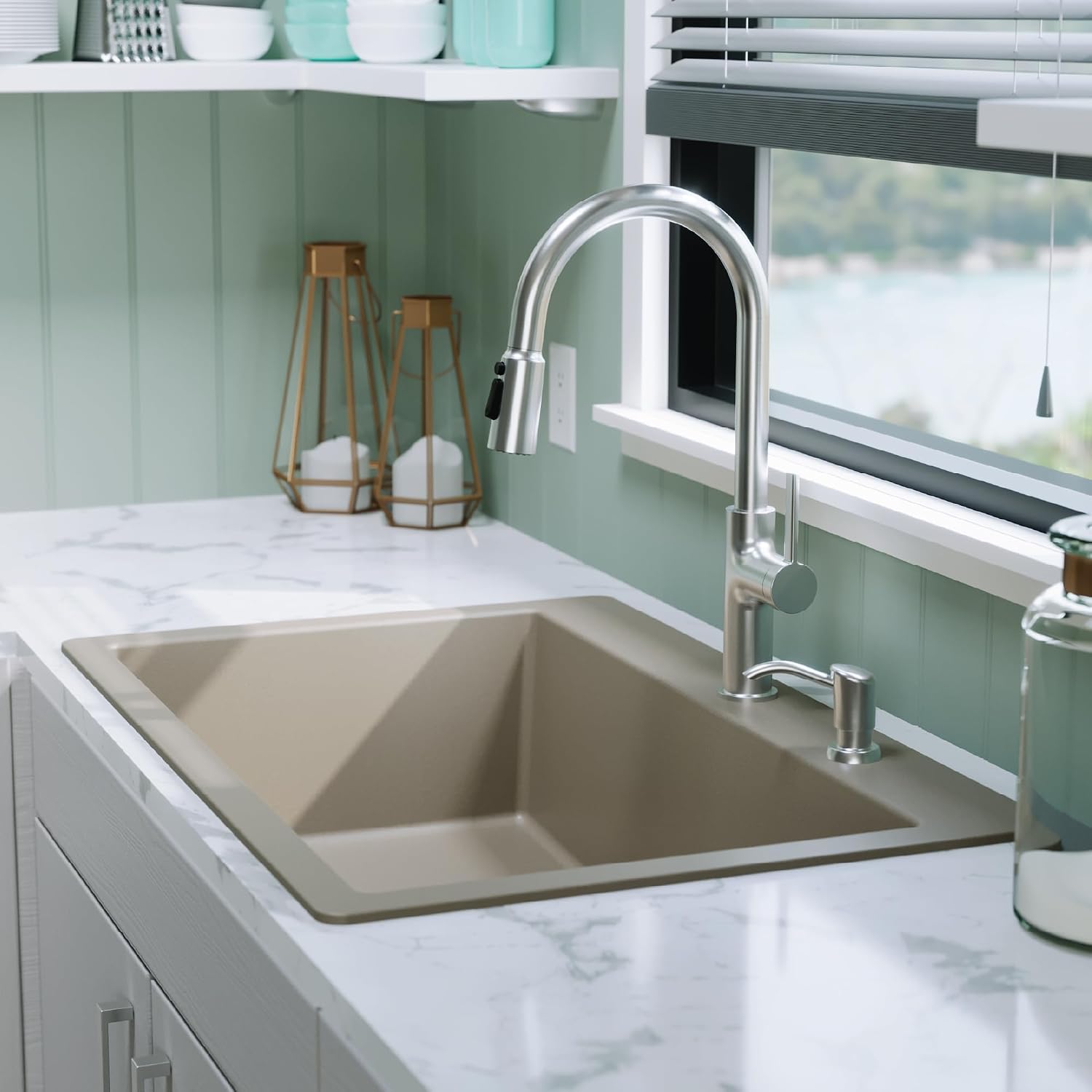Karran 33" Drop-In Top Mount Quartz Composite Single Bowl Kitchen Sink in Concrete – Extra Deep 9" Basin, Heat Resistant, Sound Dampening, Easy Clean Surface