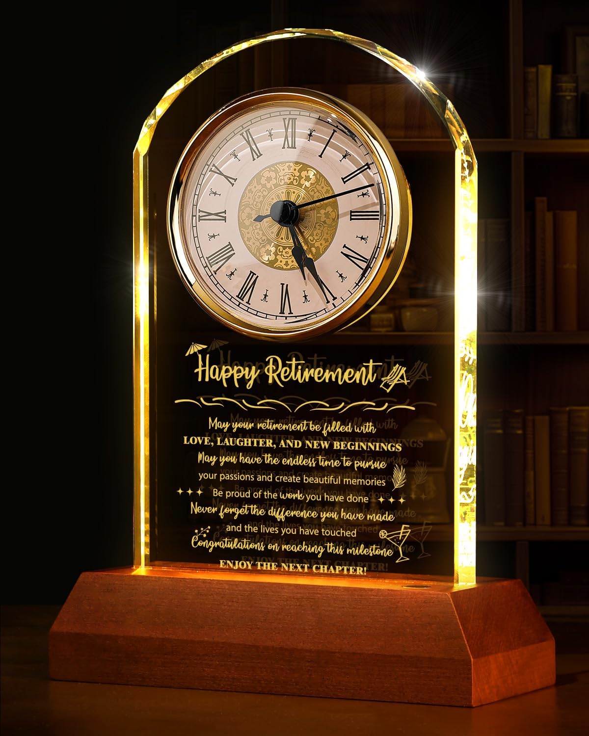 Retirement Crystal Clock Gifts with Wooden Light Base,Happy Retirement Plaque for Women Men,Classy Happy Retirement Decorations Gifts for Friends,Teacher,Doctor,Coworkers,Boss