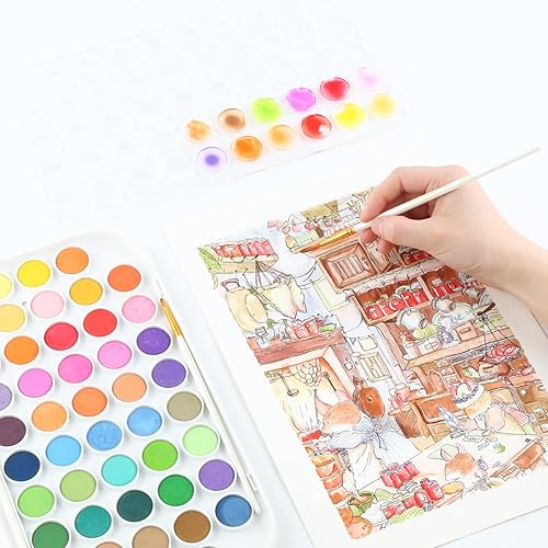 Miniatura 7 de TRANSON Juego de pintura de acuarela de 48 colores con 4 pinceles de pintura y 1 pincel de agua para adultos, estudiantes, principiantes y artistas