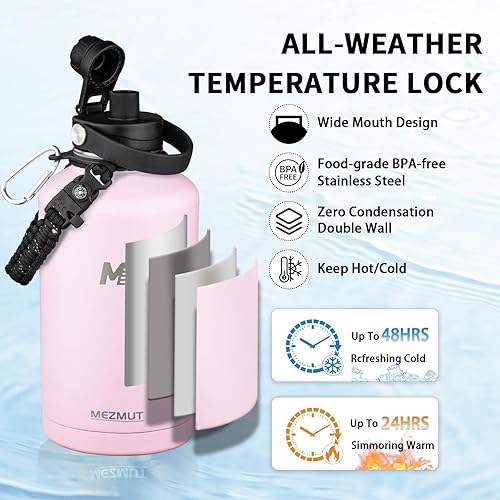 Miniatura 6 de MEZMUT Botella de agua aislada de 64 onzas con popote y 2 tapas botella de agua de acero inoxidable con mango de paracaídas jarra de agua deportiva