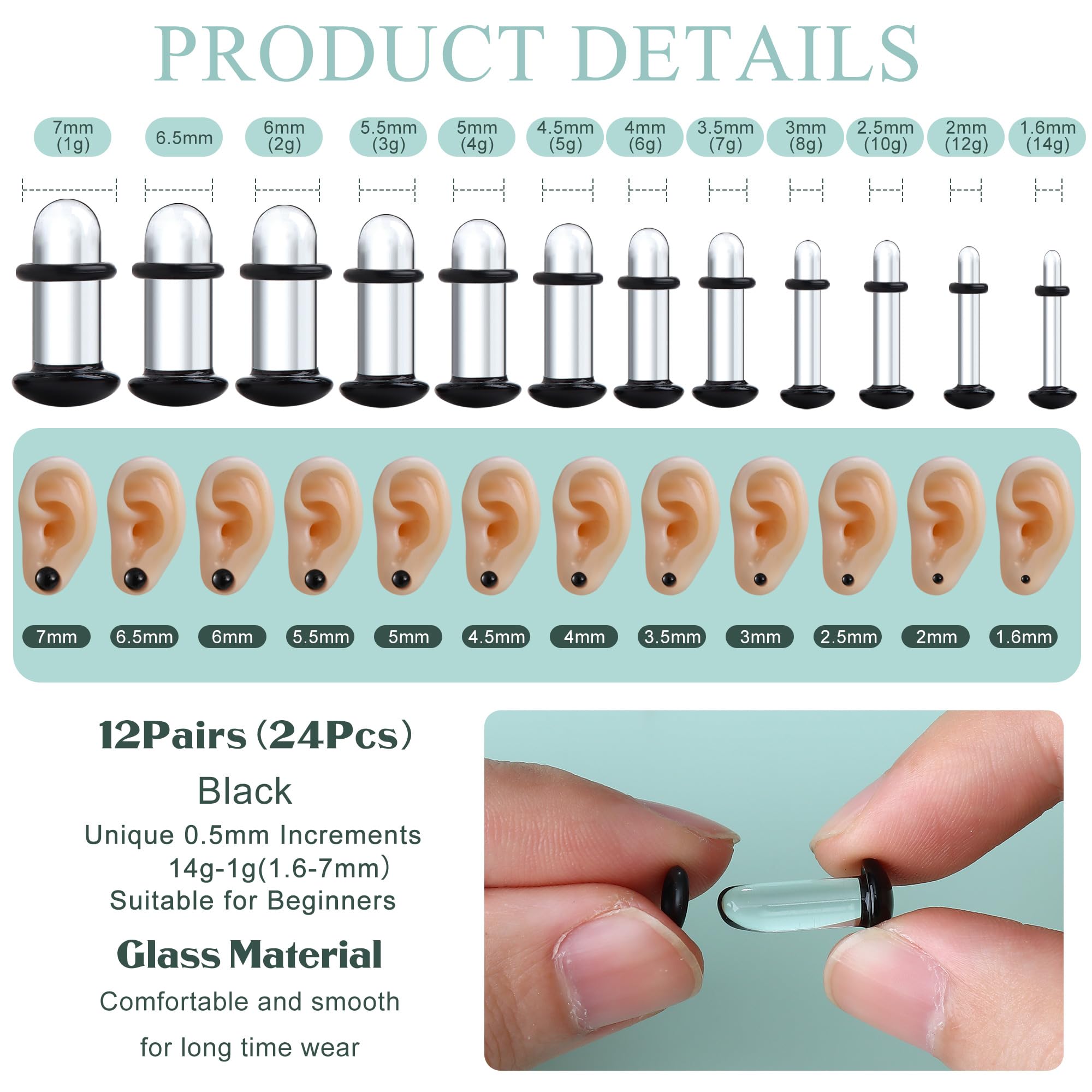 Sllaiss 10/12 Paia Dilatatori Lobo Set 1.6mm-12mm Dilatatore Orecchio Vetro Ear Stretching Kit per Plug Tunnel Piercing Labret Orecchini Piercings Trago Elica Cartilagine Helix pour Donna Uomo