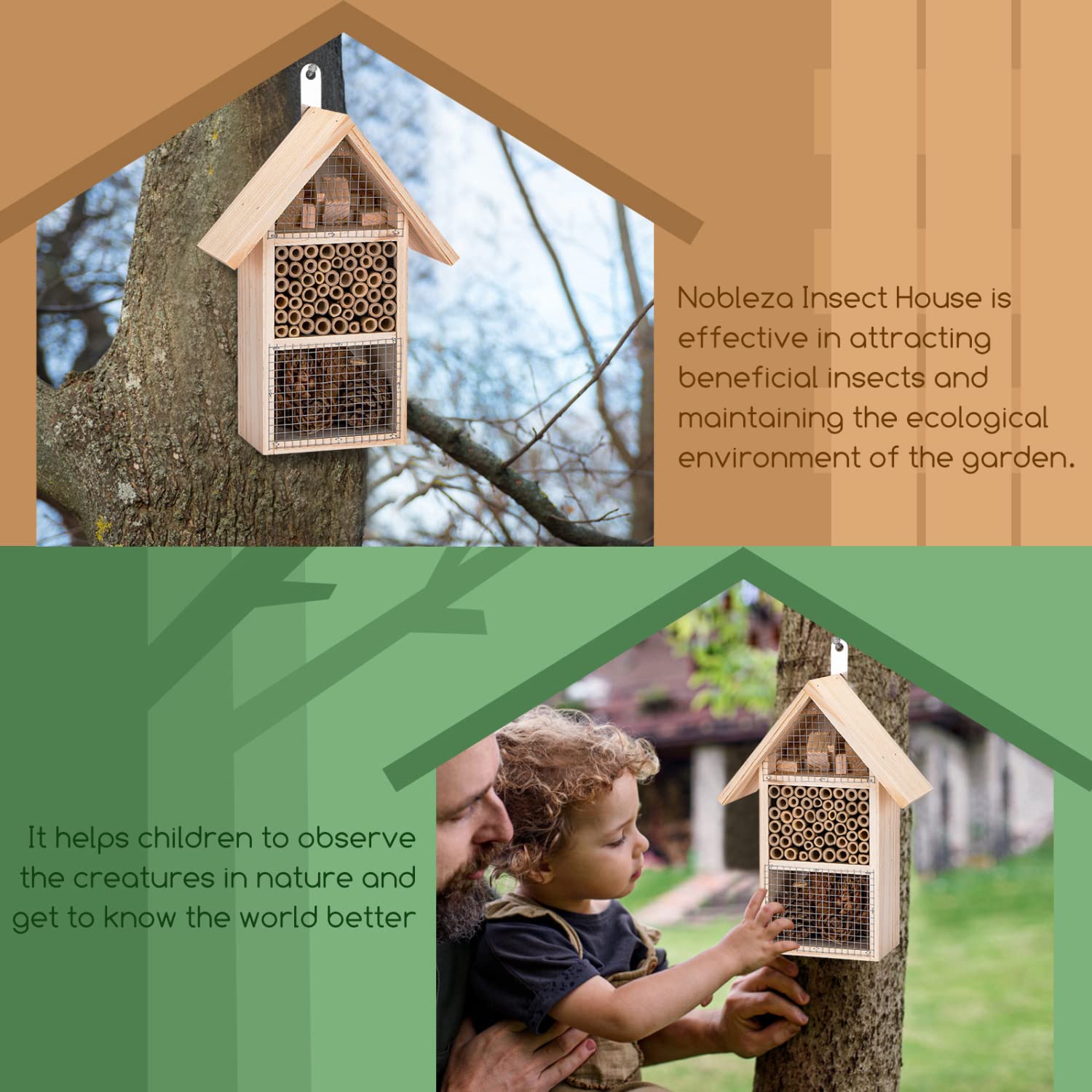 Nobleza - Casetta per Insetti in Legno, Albergo Insetti Naturale per Api, Coccinelle, Crisopidi, Farfalle,Hotel per Insetti Che Aiuta la Nidificazione, Taglia M - 19,5 * 10 * 27CM