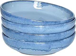 Bosmarlin Stoneware Large Pasta Bowls, Set of 4, 40 Oz, Big Salad Bowls, Microwave and Dishwasher Safe (Light Blue, 9.3 in)