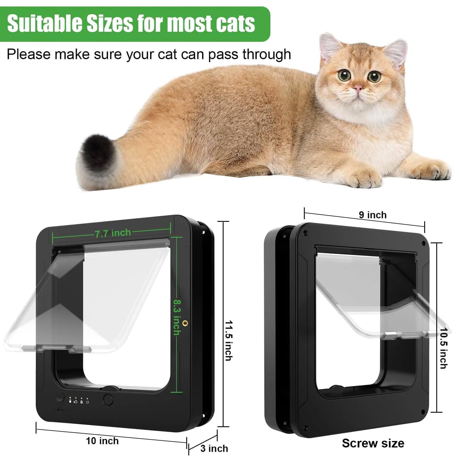Solapa automática para gatos con sensor de collar, puerta de bloqueo de 4 vías para mascotas de 11.5 x 10 pulgadas, resistente a la intemperie para gatos y perros pequeños, color negro