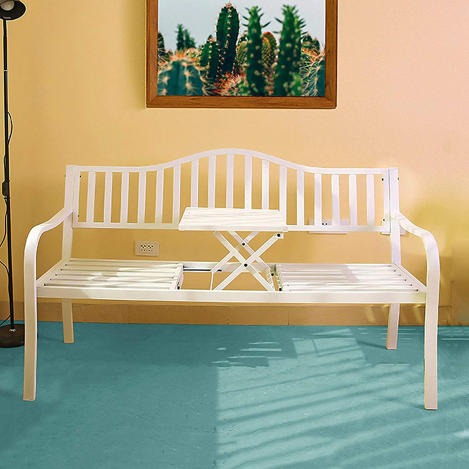 Ogrodowa ławka na patio z wysuwanym środkowym stołem, podwójne siedzenie, stalowa ławka na podwórko i ogród, rekreacja, 150 x 60 x 85 cm, idealna do relaksu na świeżym powietrzu