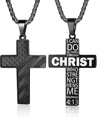 ZRAY American Flag Cross Necklace for Men Stainless Steel Chain 24inch Bible Verse Pendant Patriotic Jewelry Inspirational Christian Gift for Men