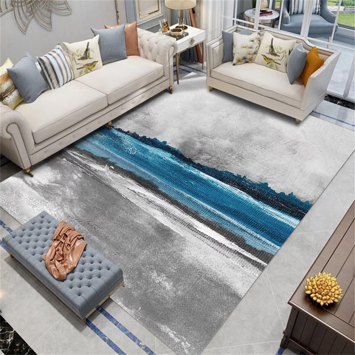 Tapis carreaux de ciment bleu facile d'entretien pour grand salon