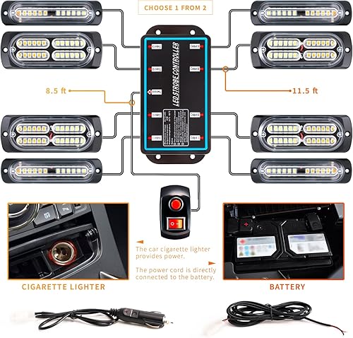 Miniatura 3 de BooYu 8 luces LED intermitentes estroboscópicas de emergencia de montaje en superficie con controlador para camiones, vehículos, automóviles (4Y4W)