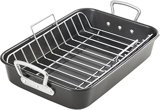 KITESSENSU Nonstick Roasting Pan with Rack 15 x 11 inch - Turkey Roaster Pan for Ovens - Wider Handles & Heavy Duty Construction, Gray