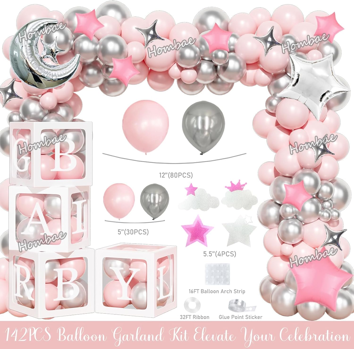 Twinkle Twinkle Little Star Baby Shower Decorations, Moon and Stars Baby Shower Decorations Backdrop Balloon Glitter Banner Tablecloth Cake Topper Sash for Space Party Supplies Pink Silver