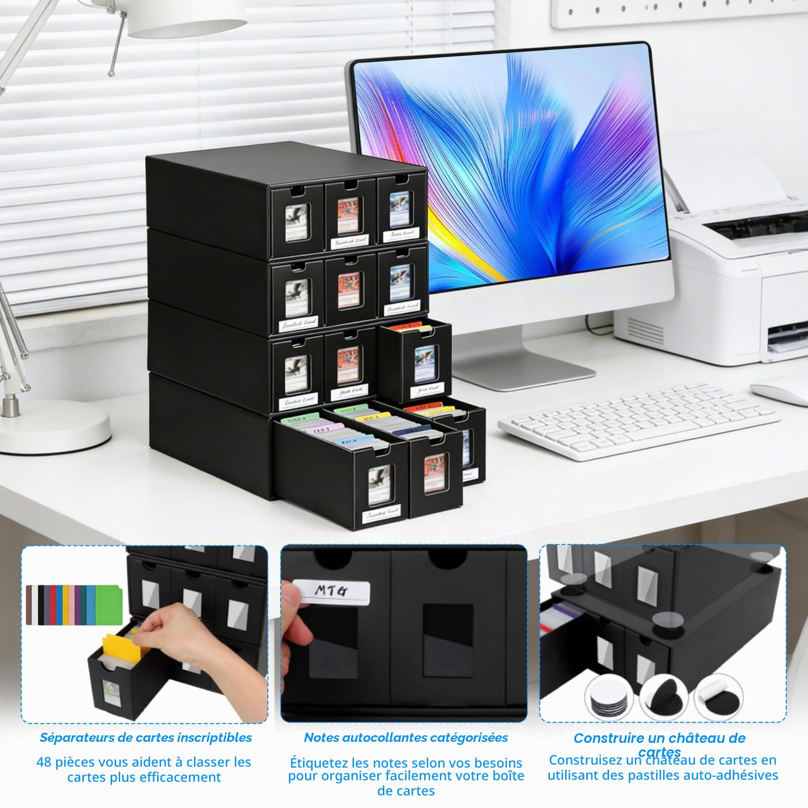 Boîte de rangement pour cartes à collectionner à 4 niveaux, boîte de rangement en carton à 12 tiroirs avec 48 intercalaires colorés et étiquettes autocollantes, organiseur de cartes à collectionner