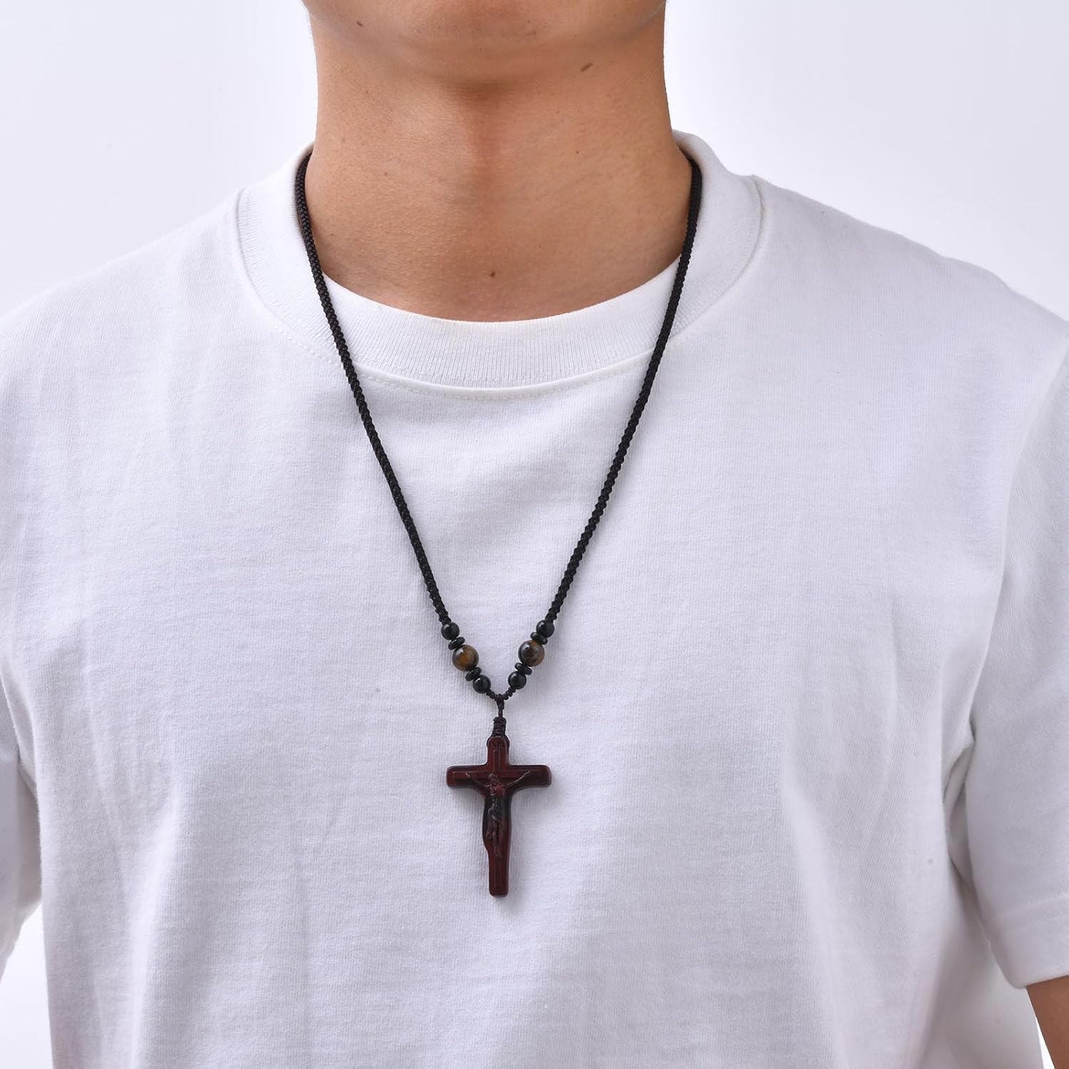 MEALGUET Handmade Wooden Crucifix Cross Necklace with Jesus - Natural Solid Wood Adjustable Braided Rope Cross Necklace for Men Women Religious Jewelry,Catholic Gift for Baptism Confirmation Easter - Image 7