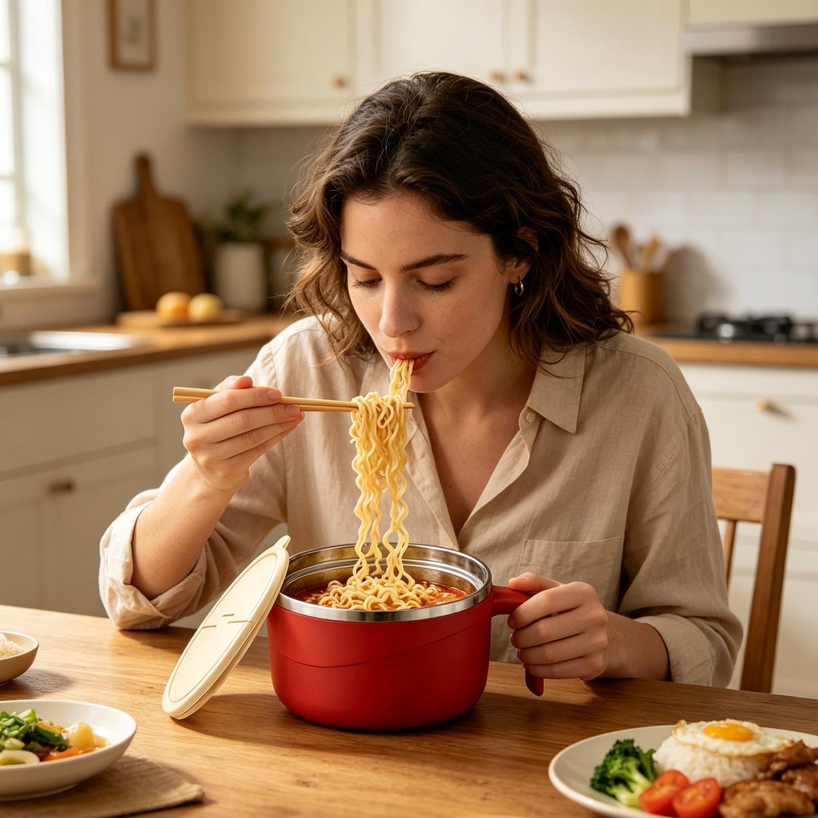 Instant Nudelschüssel - Doppelwandige Edelstahl-Kochschüssel mit Deckel und Griff für Nudeln, Nudeln, Suppe, Müsli, Haferflocken - Perfekt für Küche, Wohnheim oder Büro