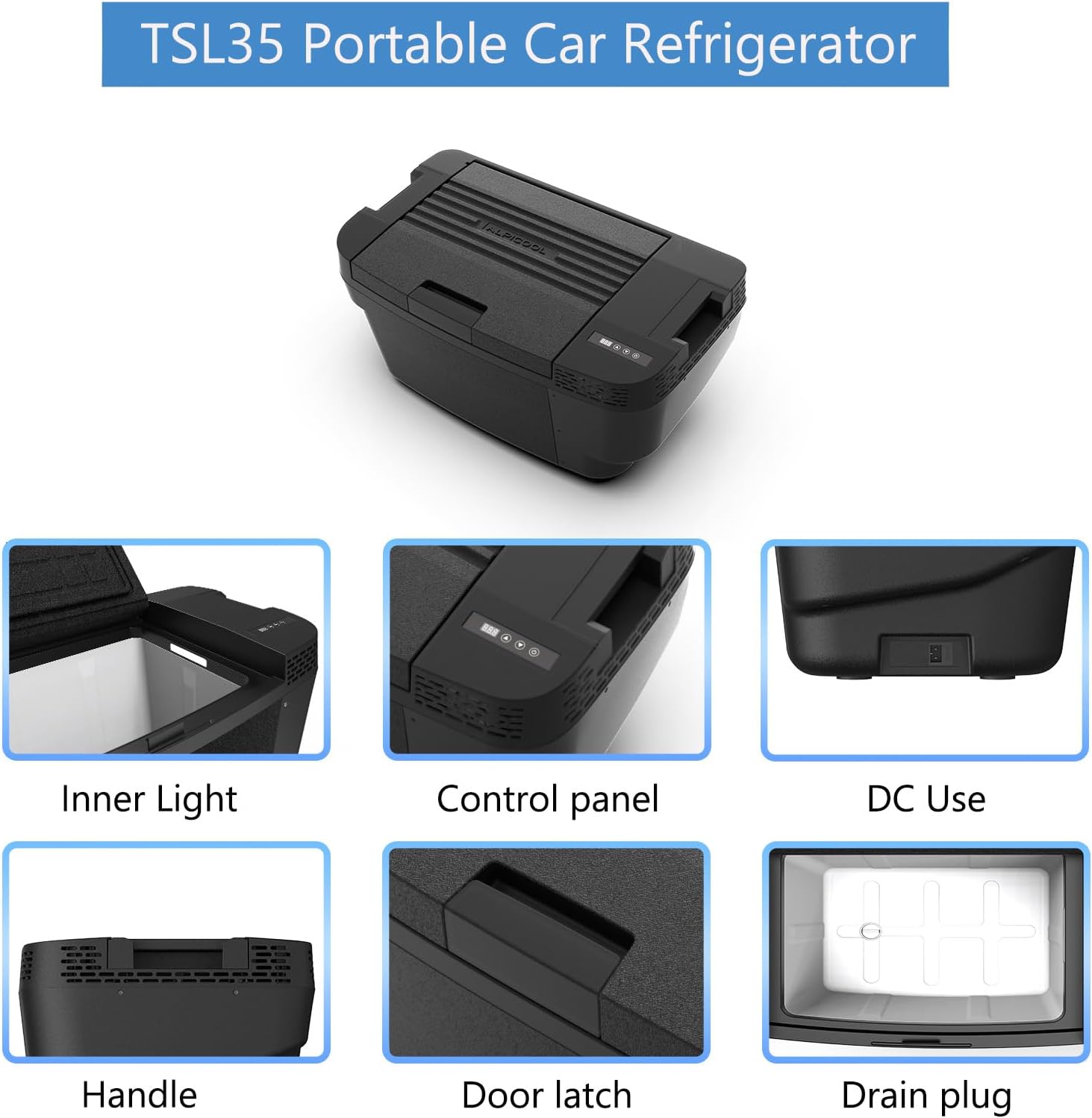 Close-up images of the Alpicool TSL35's inner light, control panel, DC power input, handle, door latch, and drain plug.