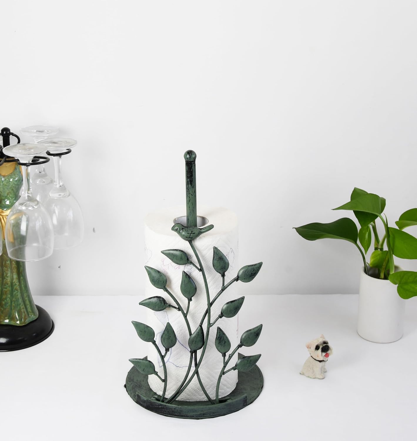 Owlgift Rustic Green Bird Paper Towel Holder for Kitchen - 12.8" Cast Iron Finial & Iron Standing Dispenser with Leaf Tension Arm - Vintage Botanical Farmhouse Decor for Standard & Jumbo Rolls image 2