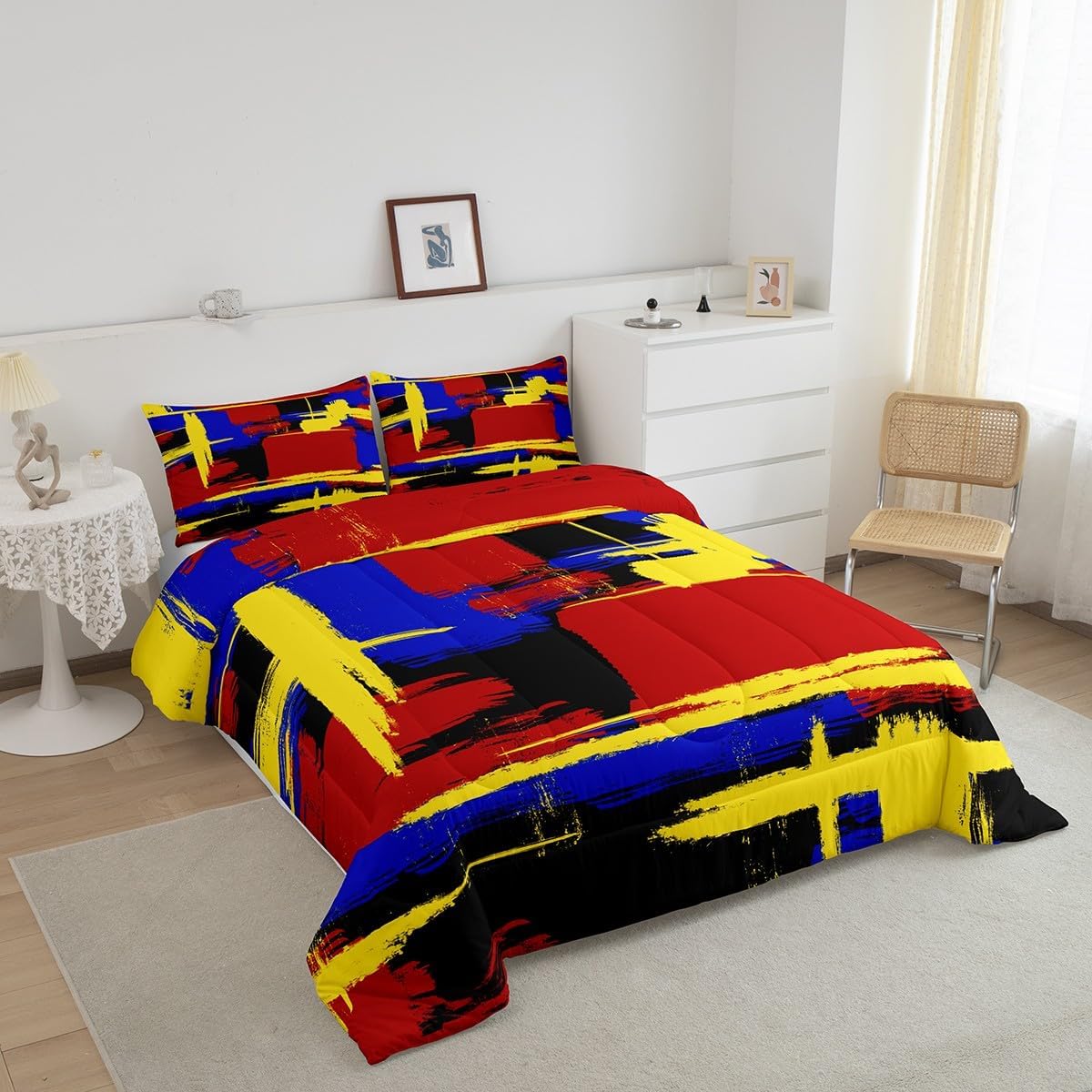 Feelyou Abstract Art Bedding Set for Kids Boys Girls Queen Size Art Decor Comforter Set Ultra Soft Red Blue Yellow Comforter Stripe Line Art Duvet Set Room Decor Retro Geometric Quilt Set