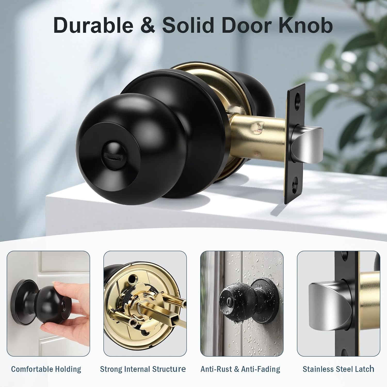 KNOBWELL Matte Black Door Knobs, Keyless Privacy Door Knob for Bedroom Bathroom, Interior Door Knobs with Round Ball Shape Knob, Stainless Steel Indoor Door Knob, 5 Pack