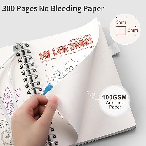 Miniatura 44 de EMSHOI Cuaderno de puntos en espiral A4, 150 hojas (300 páginas), diario de cuadrícula de puntos de 3.53 oz/m², tapa blanda impermeable, diario