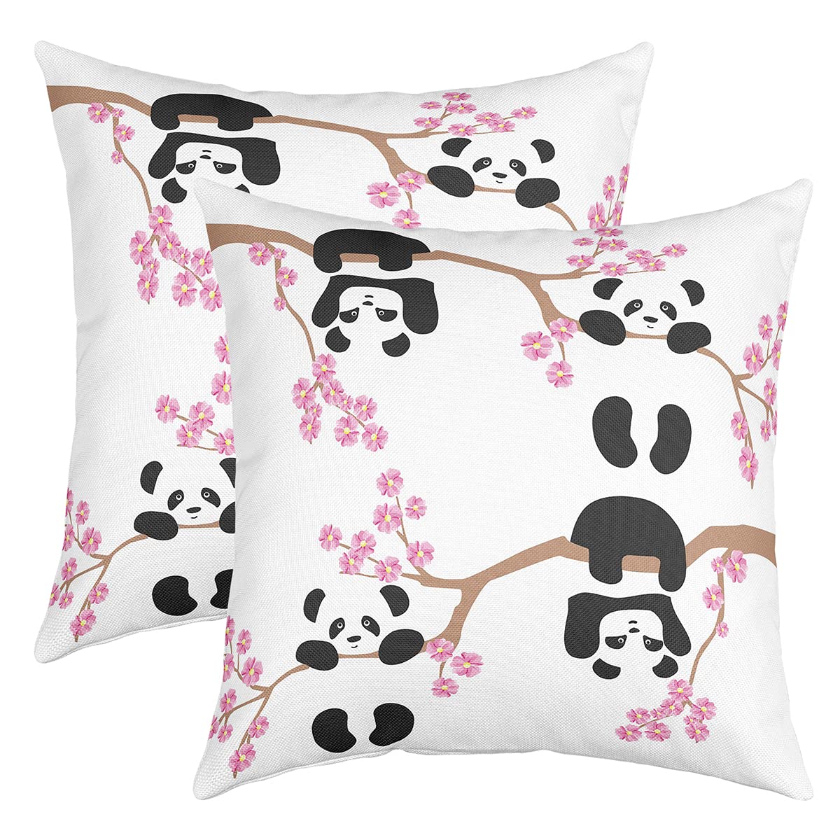 Kids Panda Pillow Covers 16x16 Set of 2, Cherry Blossoms Cushion Covers For Bedroom Living Room, Cute Animal Throw Pillow Covers For Boys Girls Teens, Flower Branches Cartoon Decorative Pillow Covers — image 1
