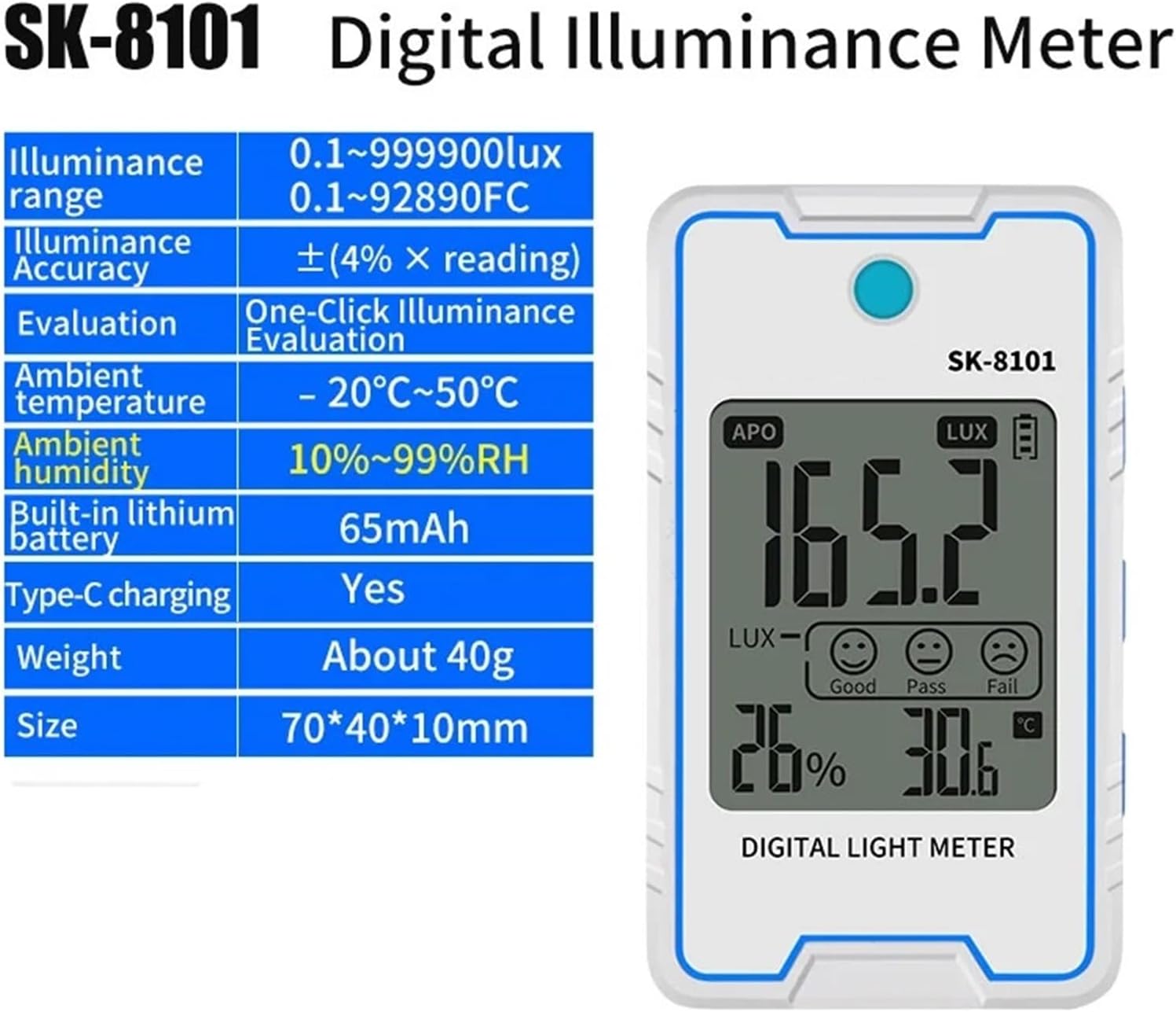 Light Meters, Mini Digital Illuminometer Meter SK8102 Professional Digital Luxometer 999900Lux 92890FC Stroboscopic Light Lux Meter(SK-8101)