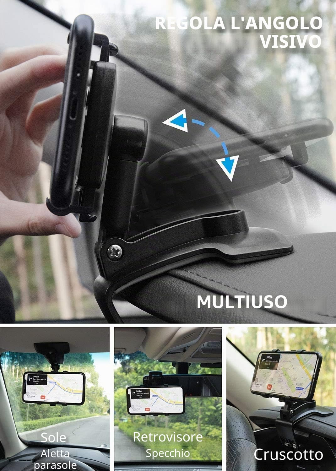 Supporto Telefono Auto, Porta Cellulare Auto 360 Gradi di Rotazione per GPS e smartphone da 4 a 7 pollici
