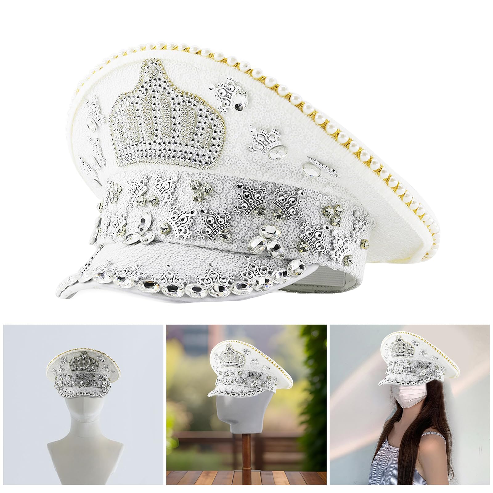 Couronne de capitaine en strass brillants pour festival de musique, bal masqué, fête, chapeau de mariée, chapeau plat pour jeu de rôle, couronnes en strass