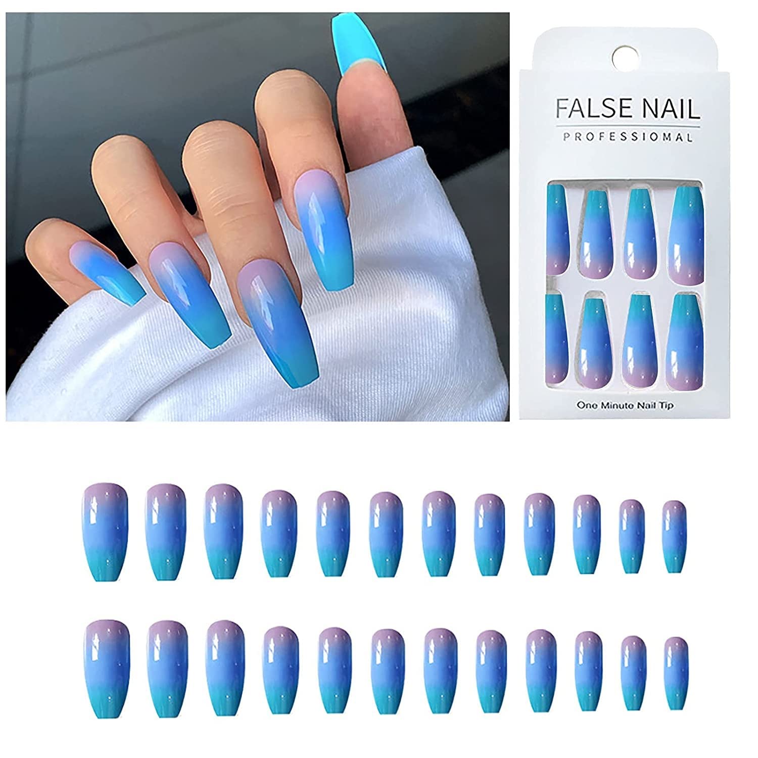 AKAZI Press on Nails Kit Professionale per Unghie finte - 3D French Long Press on Nails, Unghie finte Lucide Full Cover Ballerina Nails Tips 24 Pezzi per Donne e Ragazze Regalo