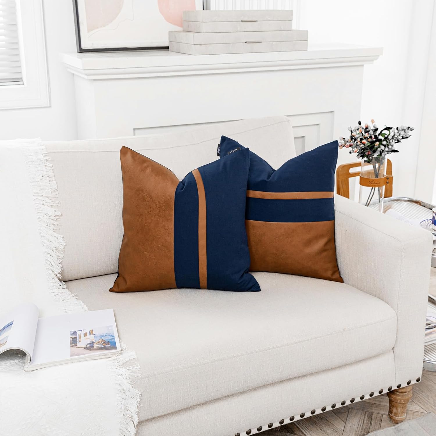 Set of 2 Navy and Brown Decorative Throw Pillow Covers 18x18 Inch Faux Leather and Cotton Patchwork Pillow Cover,Modern Farmhouse Accent Pillow Case for Living Room Couch Bed Boho Decor - Image 2