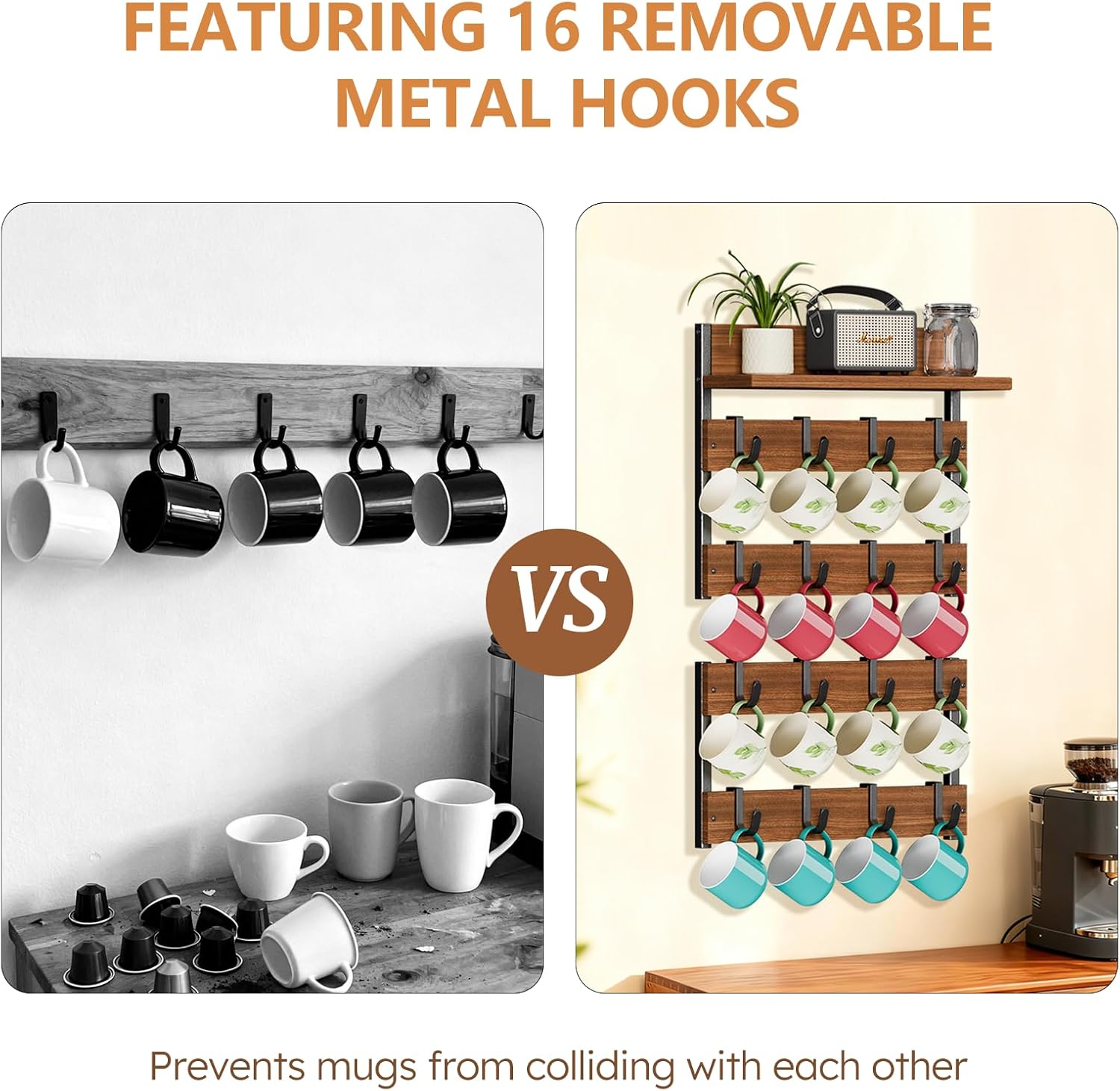 2-in-1 Coffee Mug Holder Wall Mount, 4-Tier Coffee Mug Rack Wall Mounted with 16 Adjustable Hooks and Storage Shelf, Wooden Cup Hanger Organizer for Home Kitchen Display and Collection